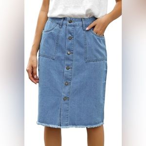 Blue Frayed Hem Button-Down Midi Denim Skirt